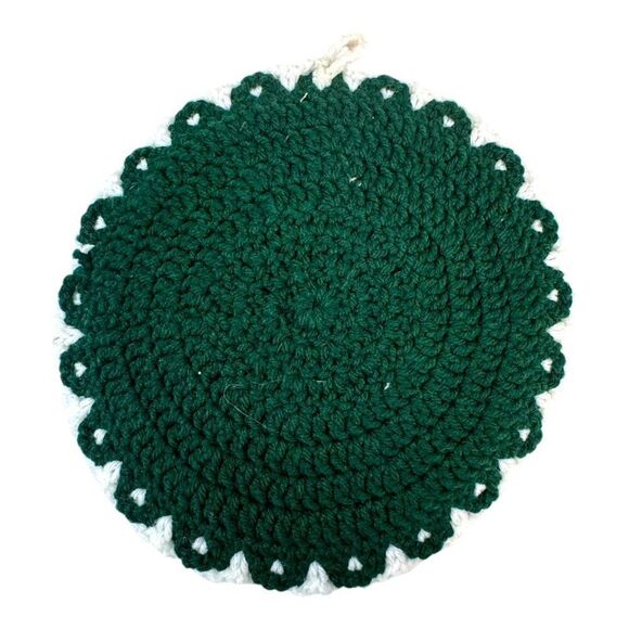 Handmade Crochet Daisy Design 3d Spriral Flower Potholder 9” Round Green & Pink - Picture 3 of 4